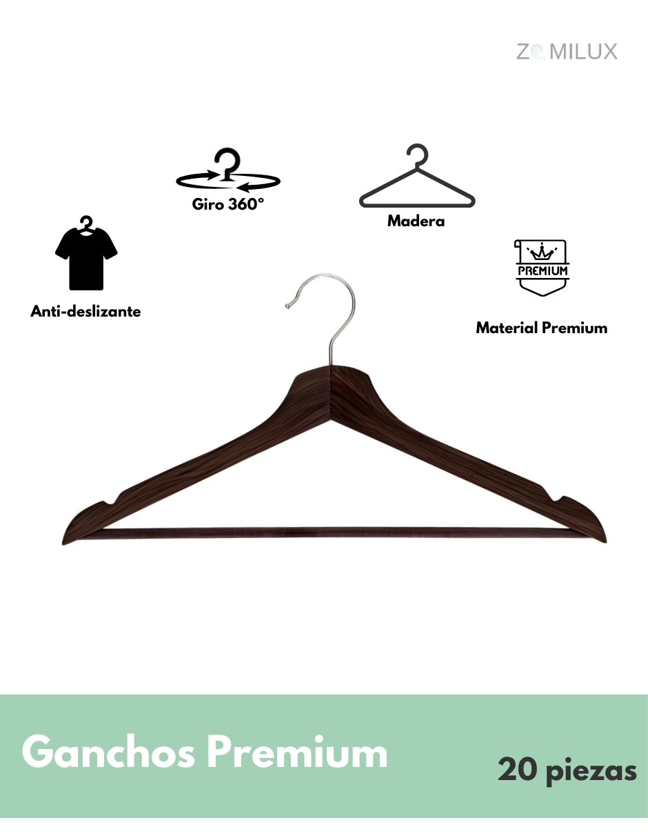 Foto 3 pulgar | Kit de 20 Ganchos para Ropa Zomilux Madera Caoba Elegante Premium Antideslizantes