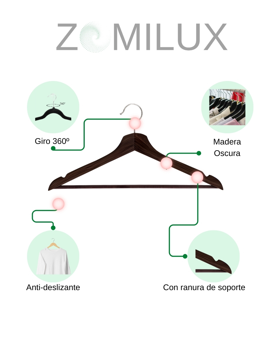Foto 6 pulgar | Kit de 20 Ganchos para Ropa Zomilux Madera Caoba Elegante Premium Antideslizantes