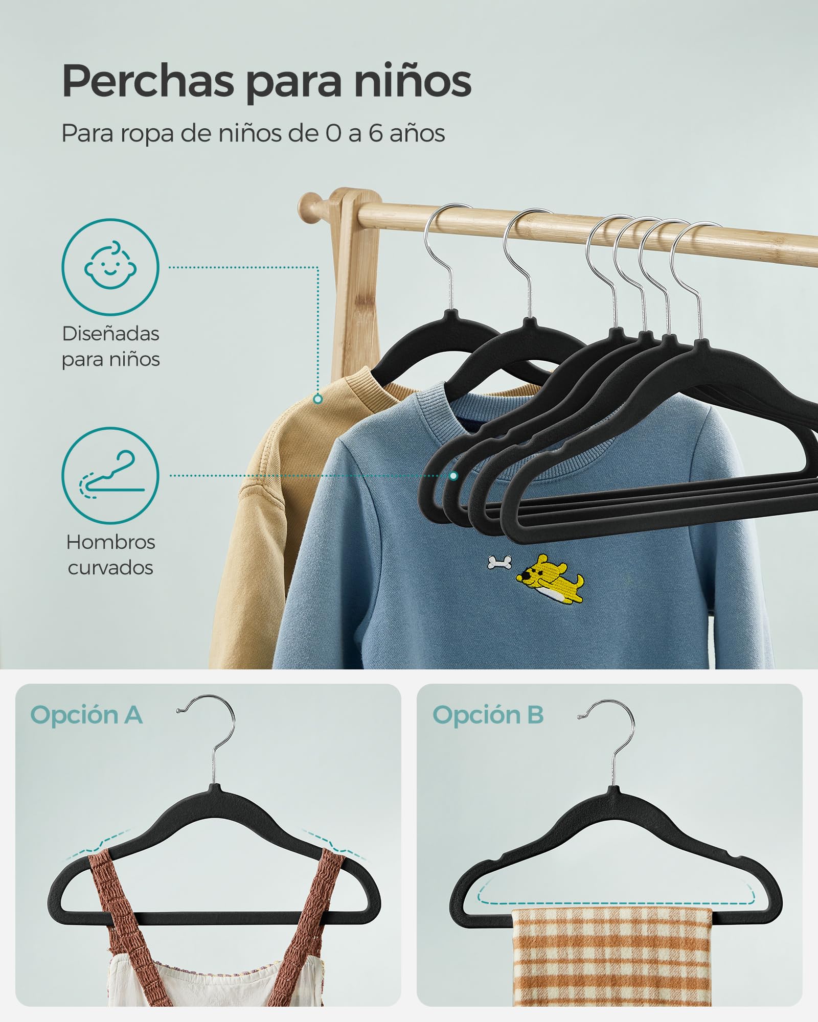 Foto 7 pulgar | Juego De 50 Perchas De Terciopelo Para Niños Songmics, Color Negro