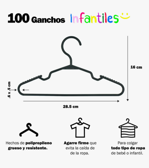 Foto 2 | 100 Ganchos Infantil Ropa Niño Niña Color Negro