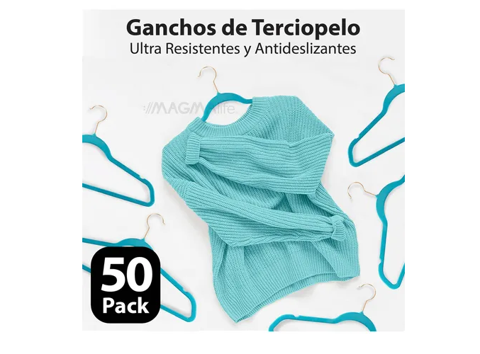Foto 5 pulgar | Juego De 50 Perchas Xtellar, Antideslizantes Y Elegantes En Terciopelo Turquesa, Con Ganchos Dorados Giratorios