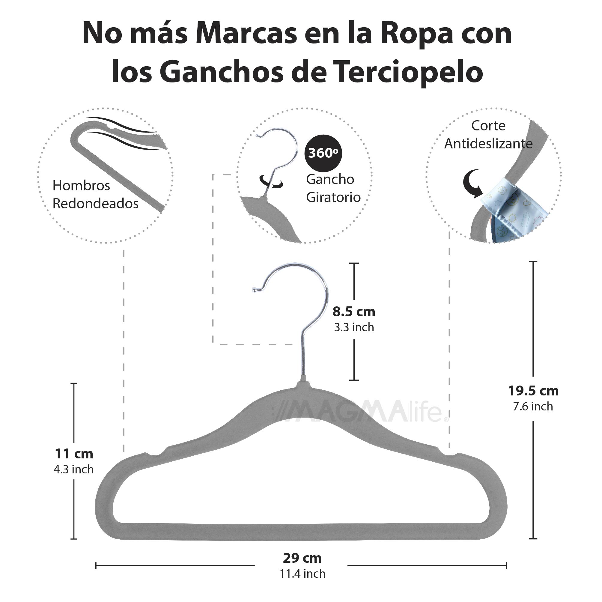 Foto 3 pulgar | Magmalife 50 Ganchos Para Ropa De Bebé  Terciopelo Gris  29 Cm  Con Gancho 360° Antideslizante