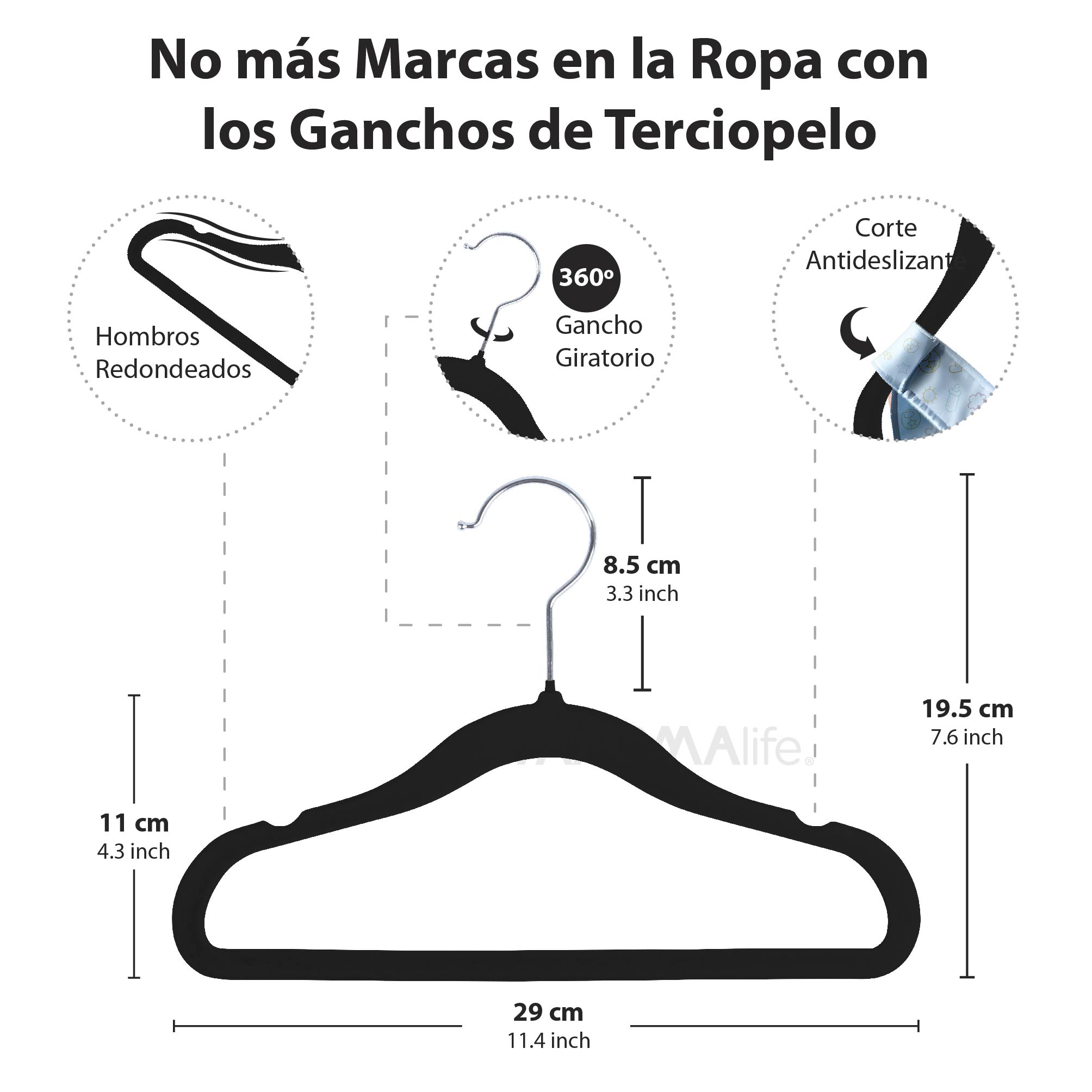 Foto 3 pulgar | Magmalife 50 Ganchos Para Ropa De Bebé  Terciopelo Negro  29 Cm  Con Gancho 360° Antideslizante