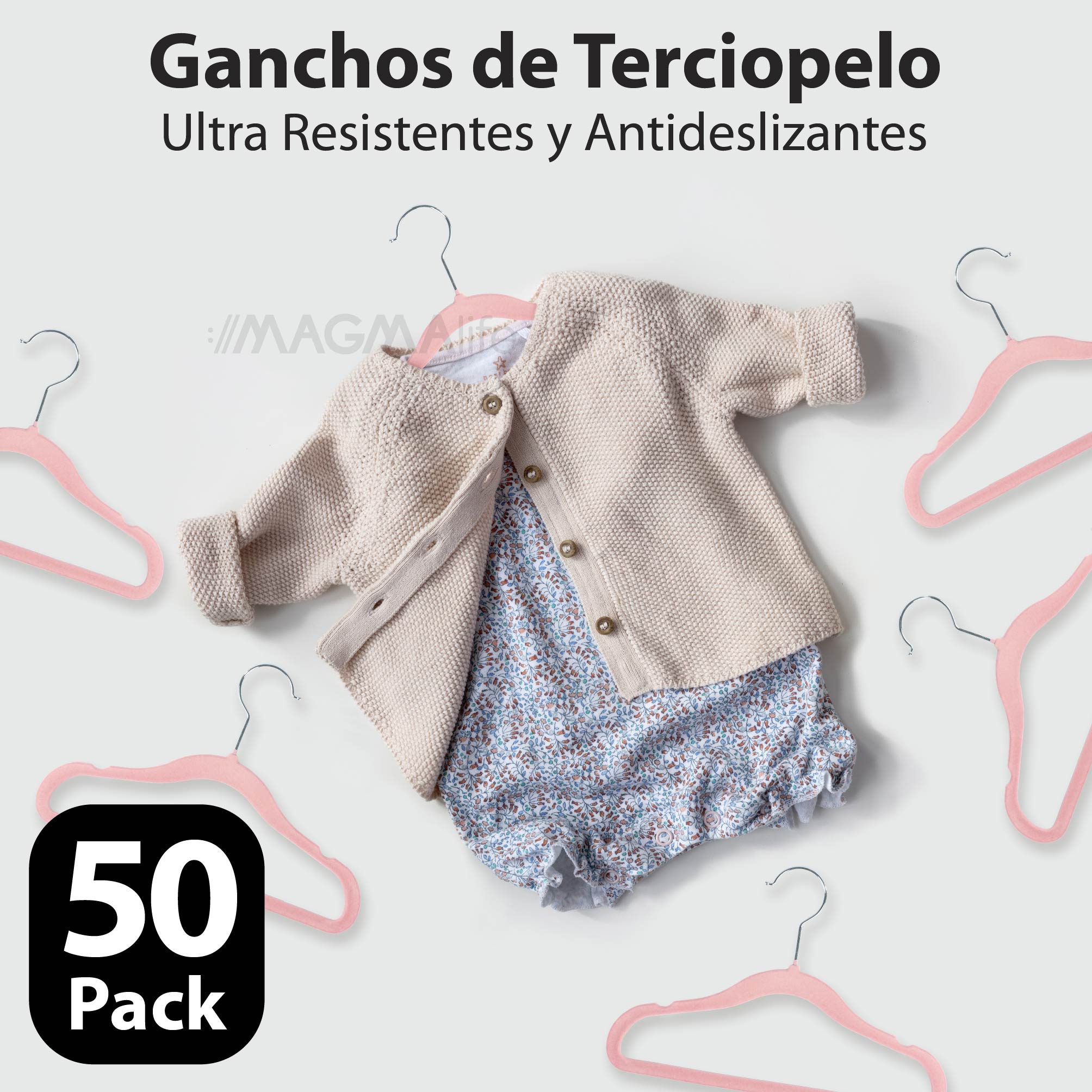 Foto 5 pulgar | Magmalife 50 Ganchos Para Ropa De Bebé  Terciopelo Rosa Claro  29 Cm  Con Gancho 360° Antideslizante