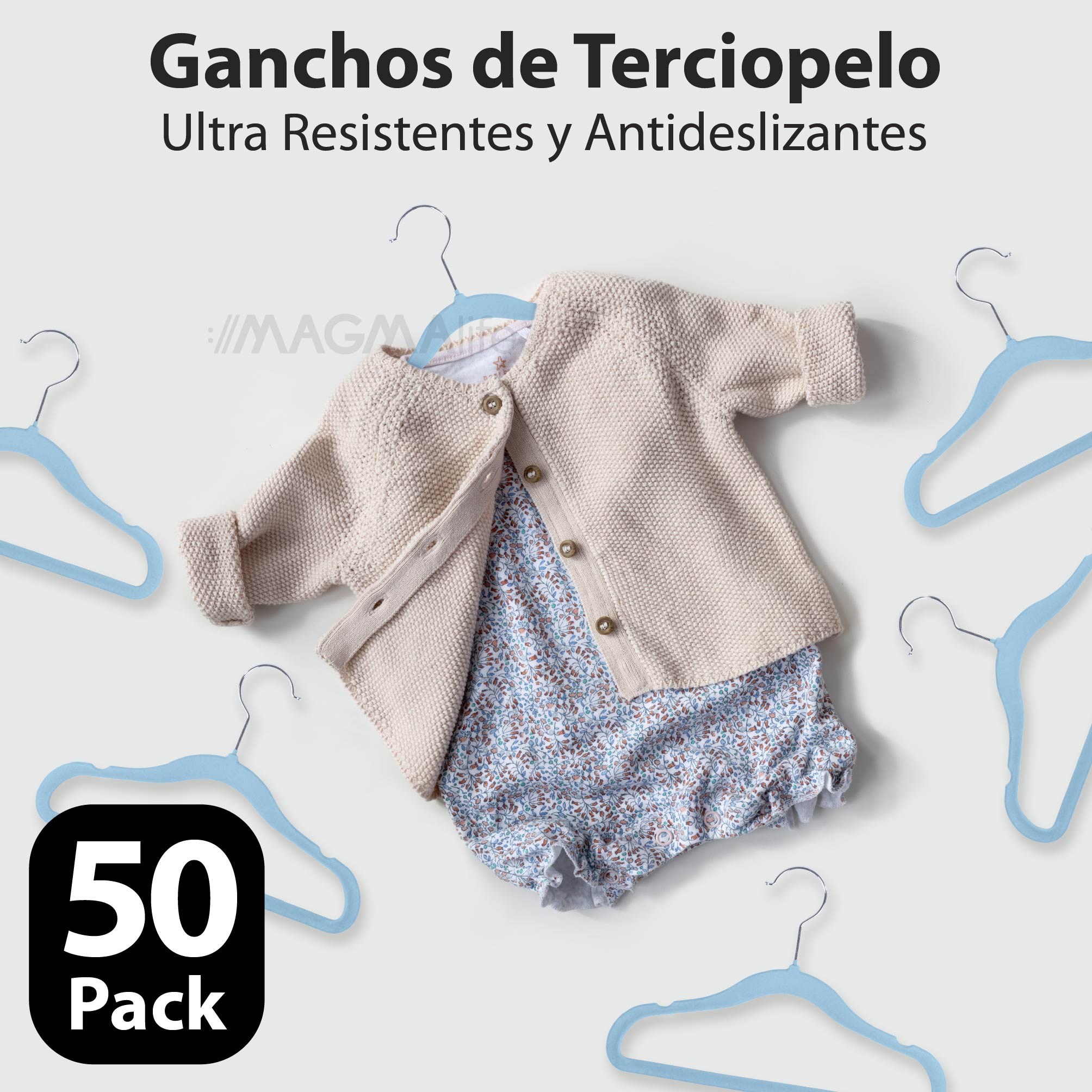Foto 5 pulgar | Magmalife 50 Ganchos Para Ropa De Bebé  Terciopelo Azul Claro  29 Cm  Con Gancho 360° Antideslizante