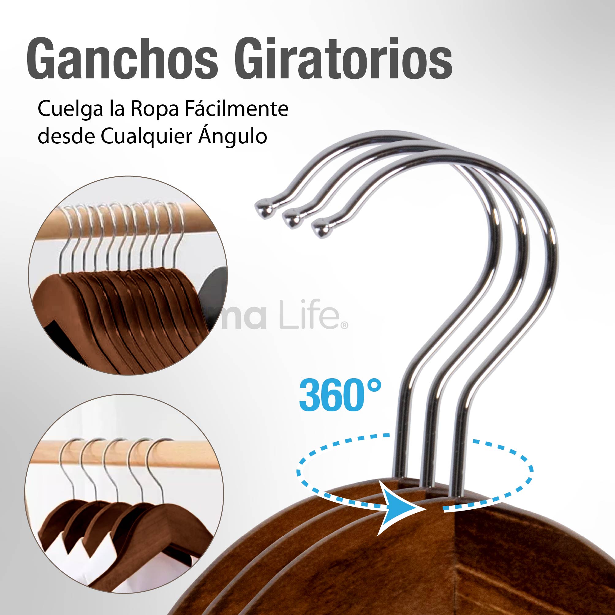 Foto 4 pulgar | Magma Life Set De 20 Ganchos De Madera Café  Elegantes Y Giratorios 360°