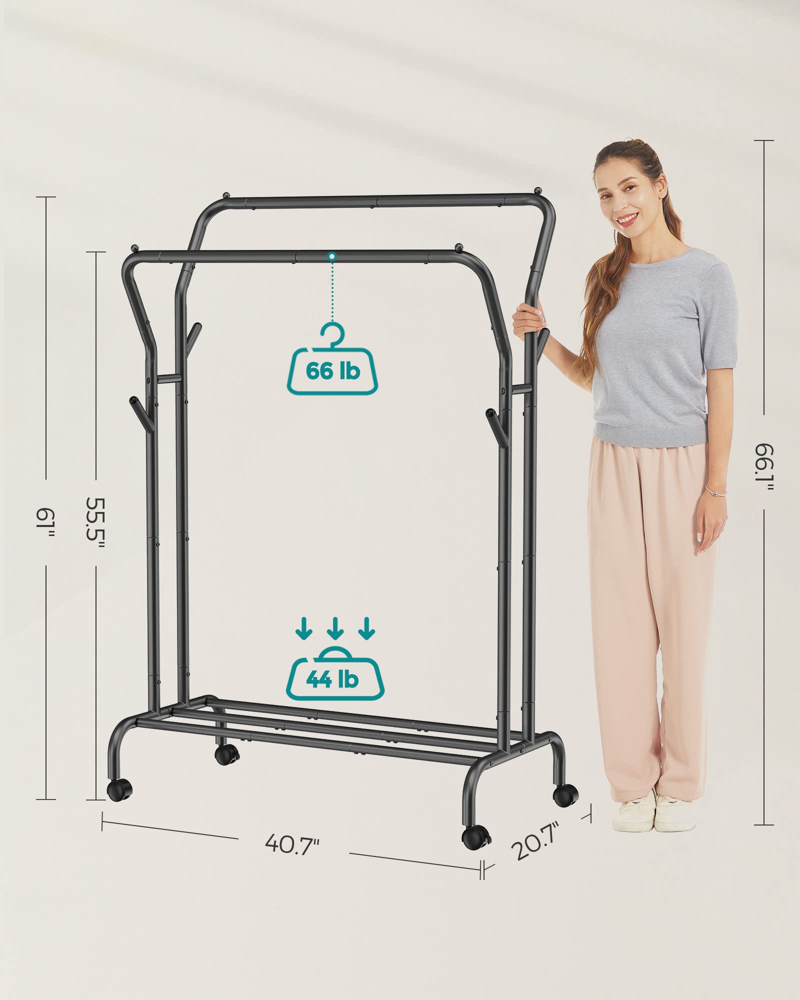 Foto 7 pulgar | Perchero Songmics De Doble Varilla Con Ruedas De 100 Kg De Capacidad, Negro - Venta Internacional.