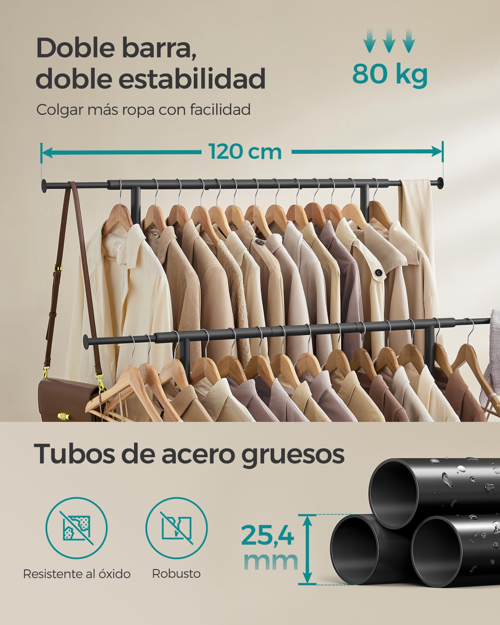 Foto 5 pulgar | Songmics Burro Para Ropa, Perchero Extensible, 50x(83-120)x156 Cm, Con Ruedas, Carga 80 Kg, Negro.