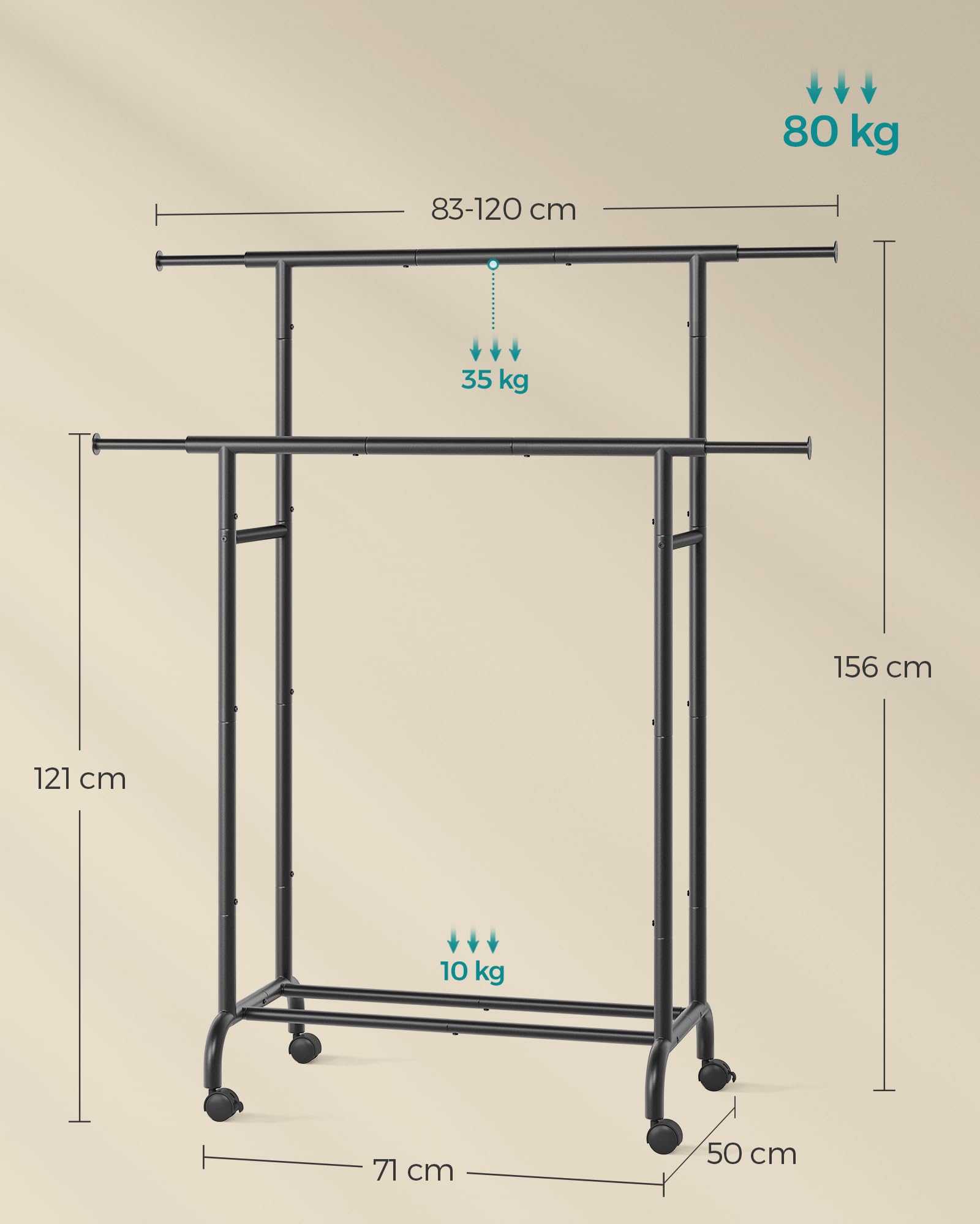 Foto 6 pulgar | Songmics Burro Para Ropa, Perchero Extensible, 50x(83-120)x156 Cm, Con Ruedas, Carga 80 Kg, Negro.