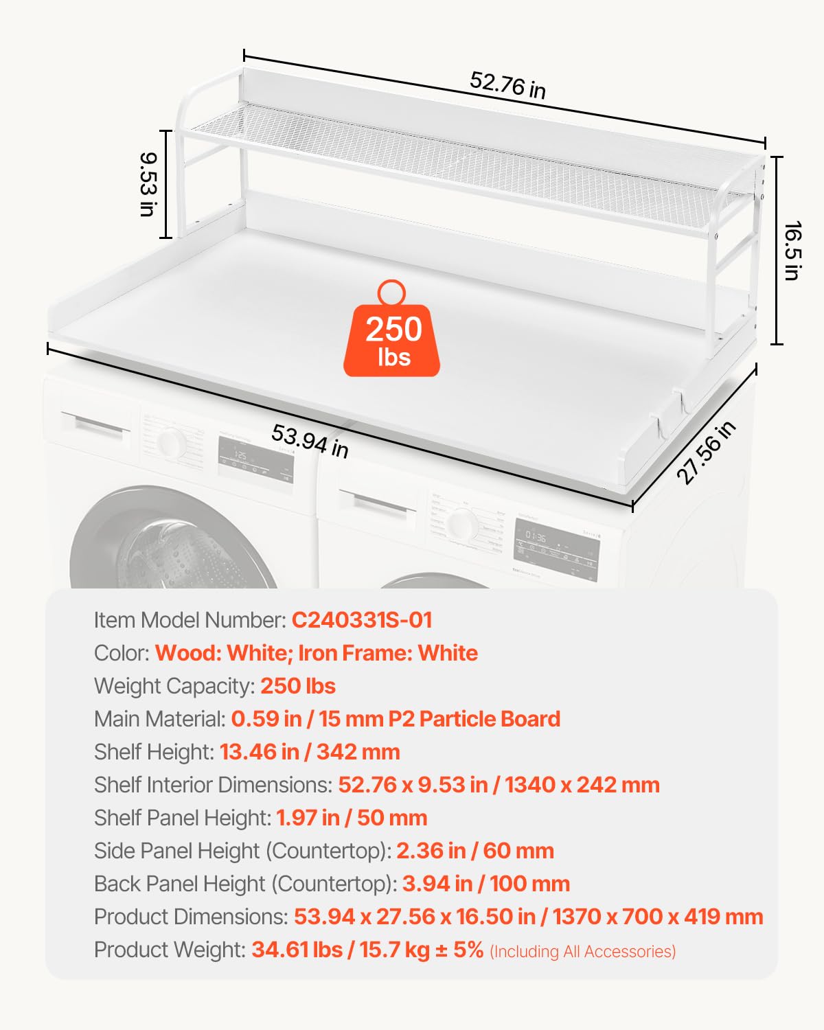 Foto 7 | Lavadora-secadora De Encimera Vevor De 2 Niveles Con Estante 54 X 27 Pulgadas, Color Blanco - Venta Internacional.