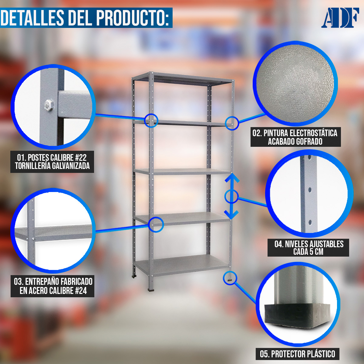 Foto 4 pulgar | Anaquel Metálico Adf Con 5 Repisas Estante Organizador 190x84x60 Cm. Carga 400 Kg, Color Gris Uso Rudo