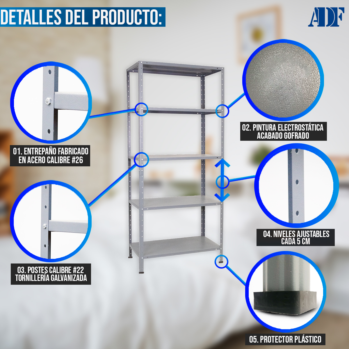 Foto 4 pulgar | Anaquel Metálico Adf Con 5 Repisas Estante Organizador 190x84x45 Cm. Carga 300 Kg, Color Gris