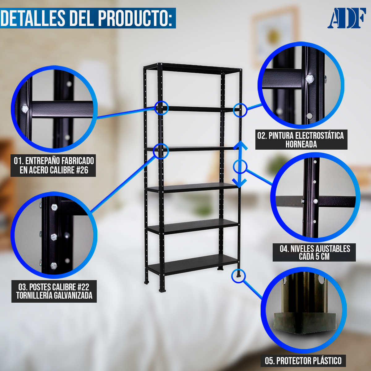 Foto 4 pulgar | Anaquel Metálico Adf Con 6 Repisas Estante Organizador 190x84x30 Cm. Carga 300 Kg, Color Negro