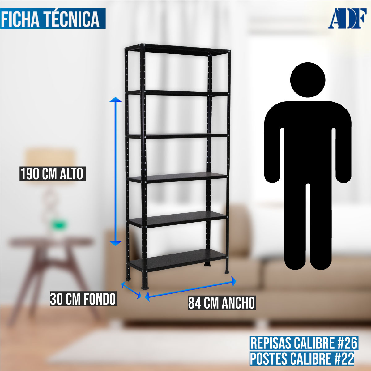 Foto 5 pulgar | Anaquel Metálico Adf Con 6 Repisas Estante Organizador 190x84x30 Cm. Carga 300 Kg, Color Negro