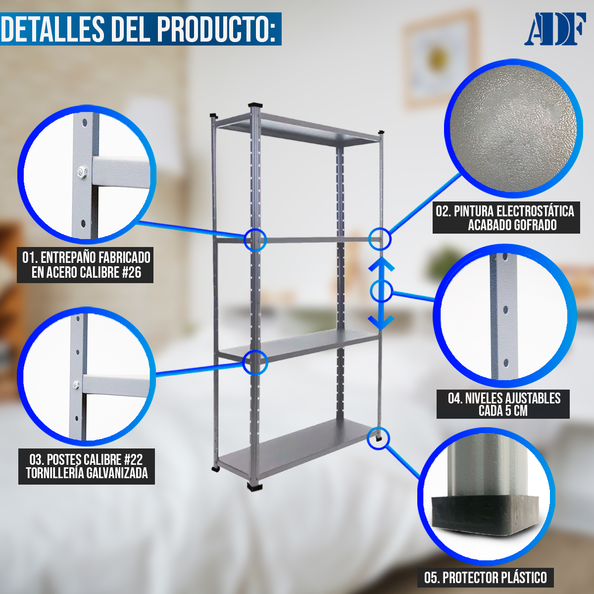 Foto 3 | Anaquel Metálico Adf Con 4 Repisas Estante Organizador 190x84x30 Cm. Color Gris