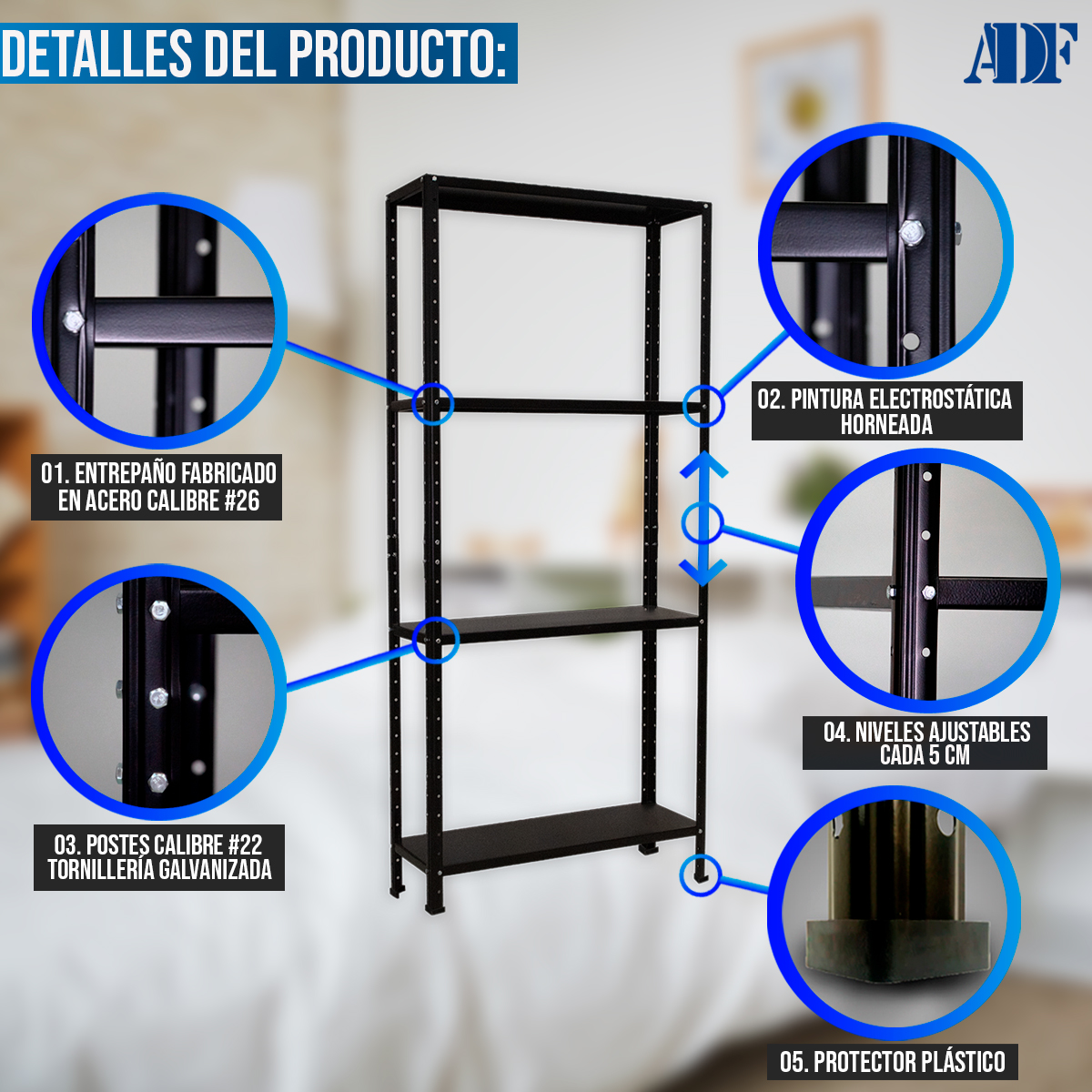 Foto 4 pulgar | Anaquel Metálico Adf Con 4 Repisas Estante Organizador 190x84x30 Cm. Color Negro