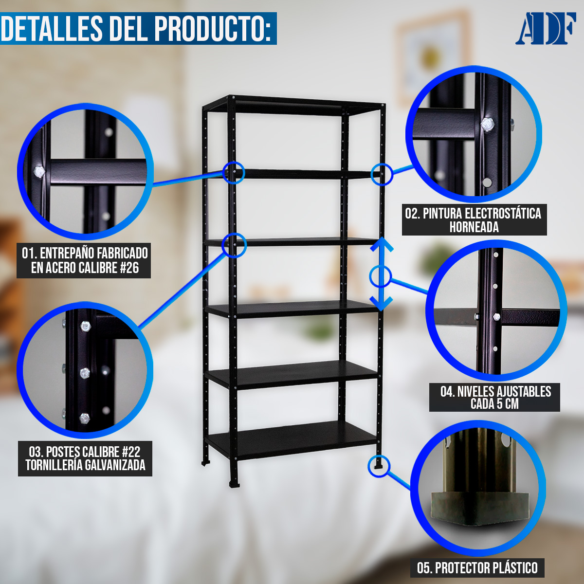 Foto 4 pulgar | Anaquel Metálico Adf Con 6 Repisas Estante Organizador 190x84x45 Cm. Carga 360 Kg, Color Negro