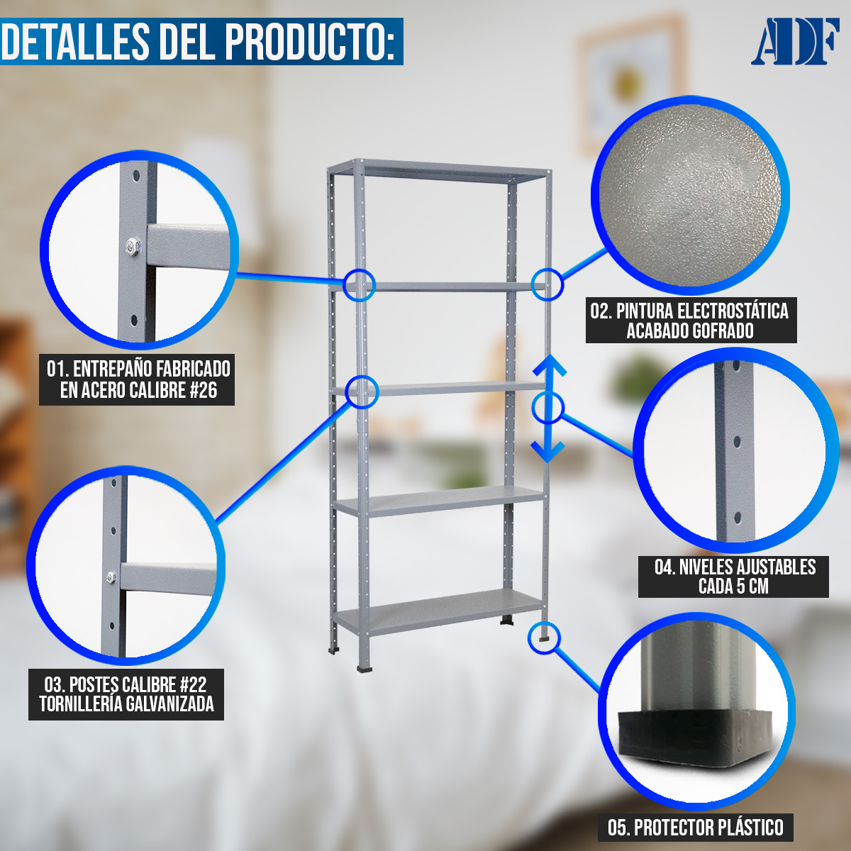 Foto 4 pulgar | Anaquel Metálico Adf Con 5 Repisas Estante Organizador 190x84x30 Cm. Carga 250 Kg Color Gris