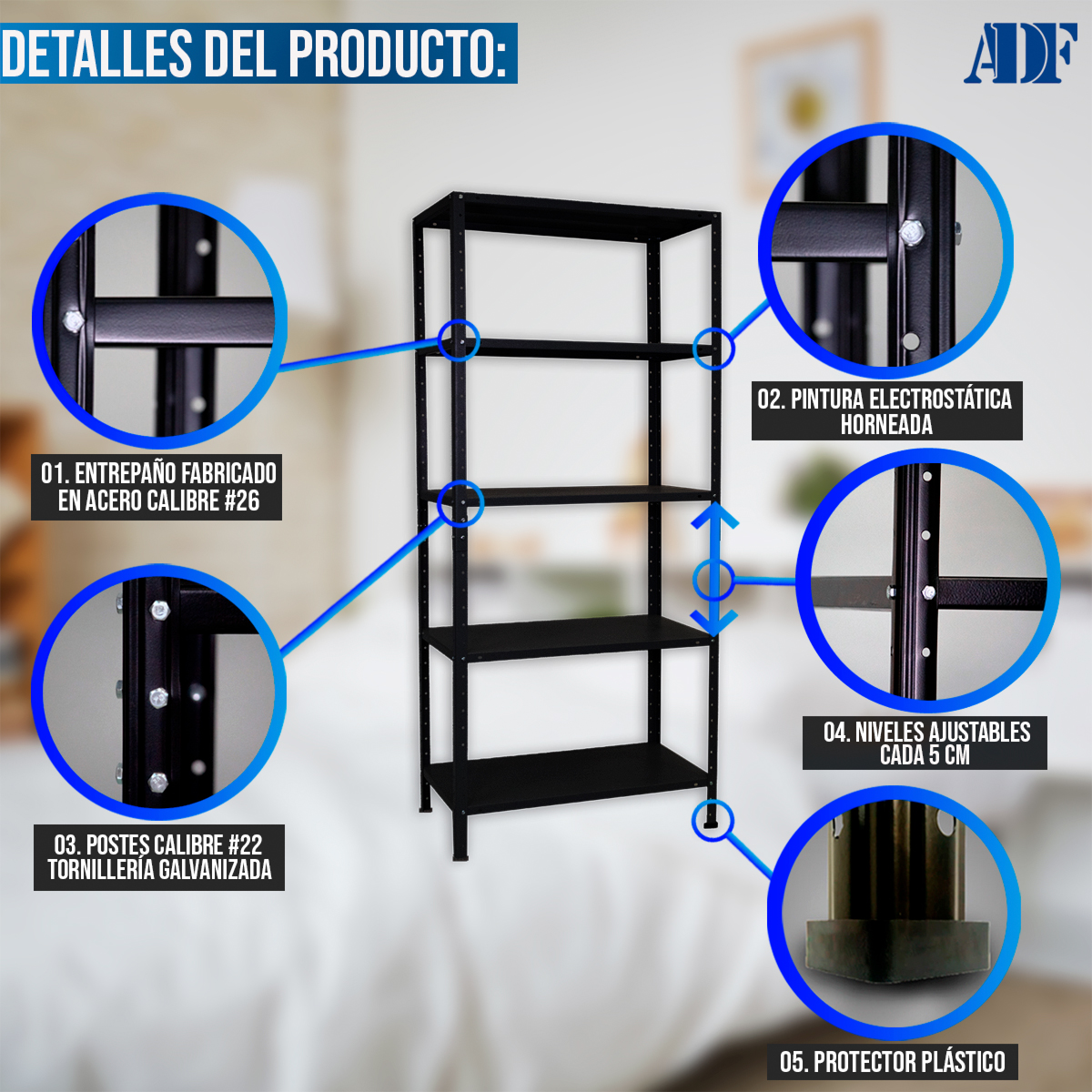 Foto 4 pulgar | Anaquel Metálico Adf Con 5 Repisas Estante Organizador 190x84x45 Cm. Carga 300 Kg, Color Negro