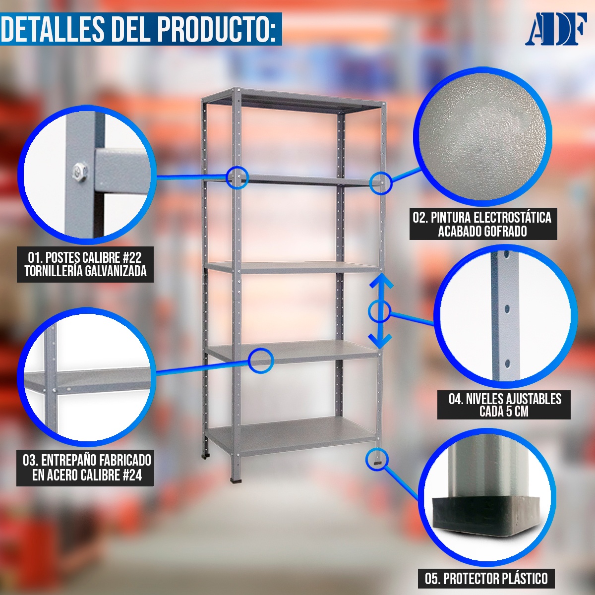 Foto 5 pulgar | Anaquel Metálico Adf Con 5 Repisas Estante Organizador 190x84x45 Cm. Carga 400 Kg, Color Gris Uso Rudo