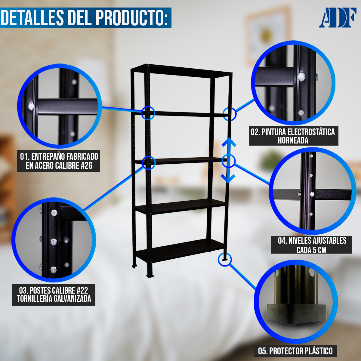 Foto 4 pulgar | Anaquel Metálico Adf Con 5 Repisas Estante Organizador 190x84x30 cm. Carga 250 Kg Color Negro
