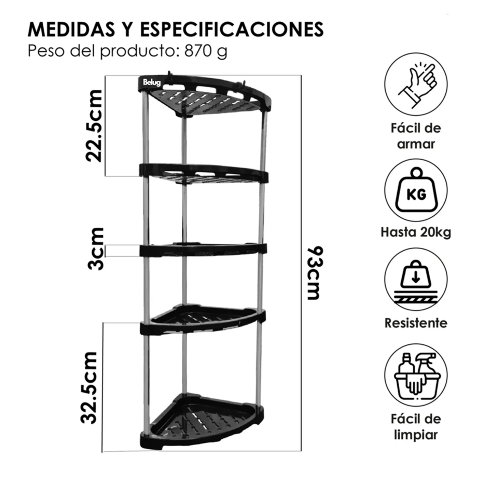 Foto 3 pulgar | Estante Organizador Esquinero De Cocina Baño 5 Niveles Belug  Negro