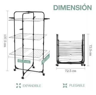 Foto 5 | Tendedero Plegable Ropa 3 Niveles Portátil Metal Con Ruedas Negro