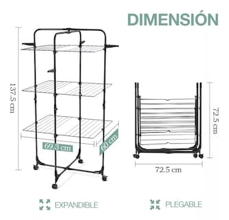 Foto 6 | Tendedero Plegable Ropa 3 Niveles Portátil Metal Con Ruedas Negro