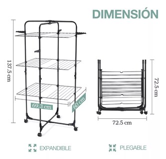 Foto 6 | Tendedero Plegable Ropa 3 Niveles Portátil Metal Con Ruedas Negro