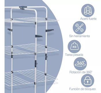 Foto 4 | Tendedero Plegable Ropa 3 Niveles Portátil Metal Con Ruedas Blanco