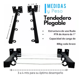 Foto 4 | Tendederos Plegables Retractil Ropa Plegable Reforzado Metal Negro