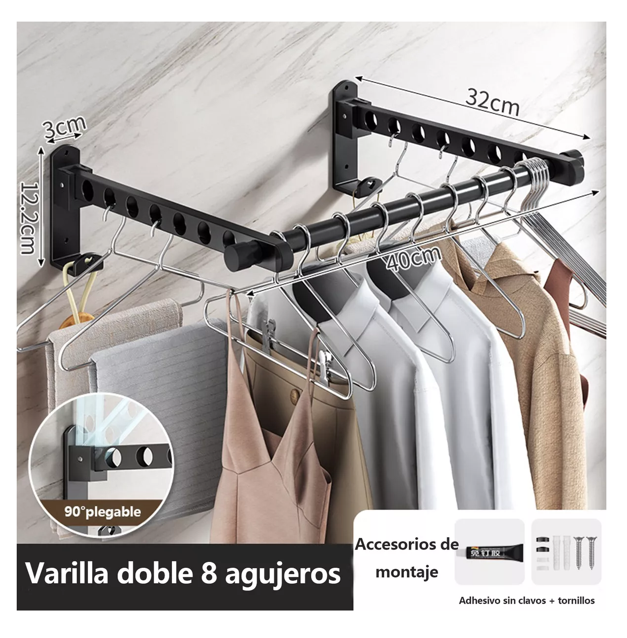 Foto 4 | Tendedero Plegable Para Colgar Ropa 2 Perchas Y Ganchos Negro