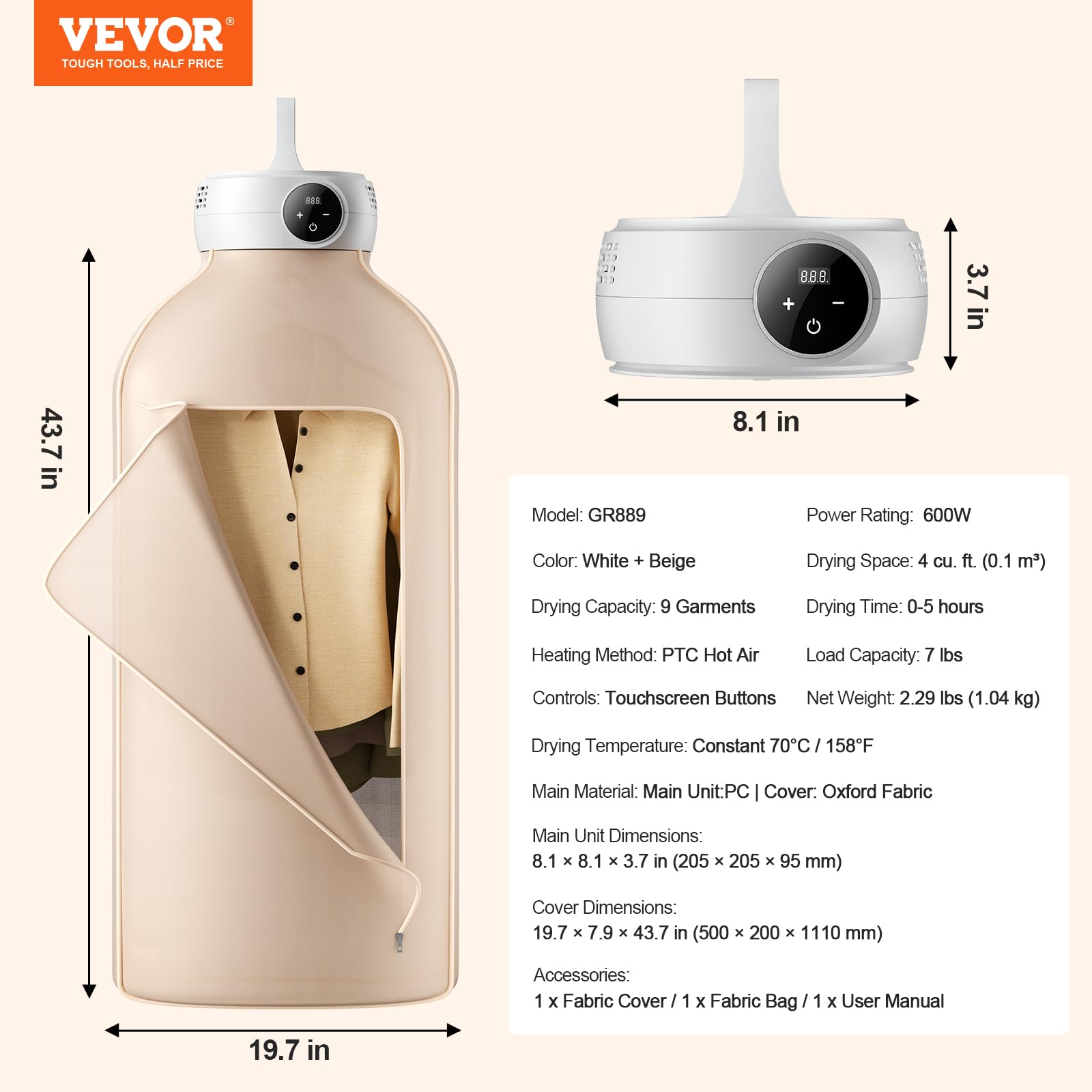 Foto 7 | Secadora De Ropa Vevor Portátil Con Bolsa De Secado De 600 W Y 7,5 Kg, Color Beige - Venta Internacional.