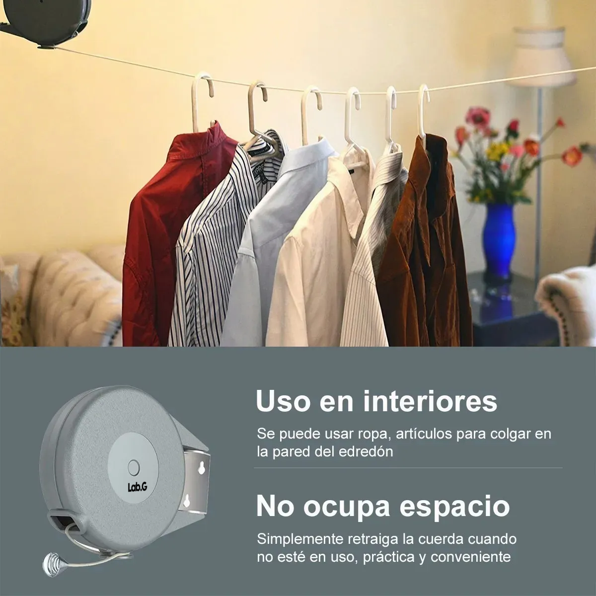 Foto 5 | Tendedero De Ropa Retráctil Carrete Exterior O Interior Lab.g Gris