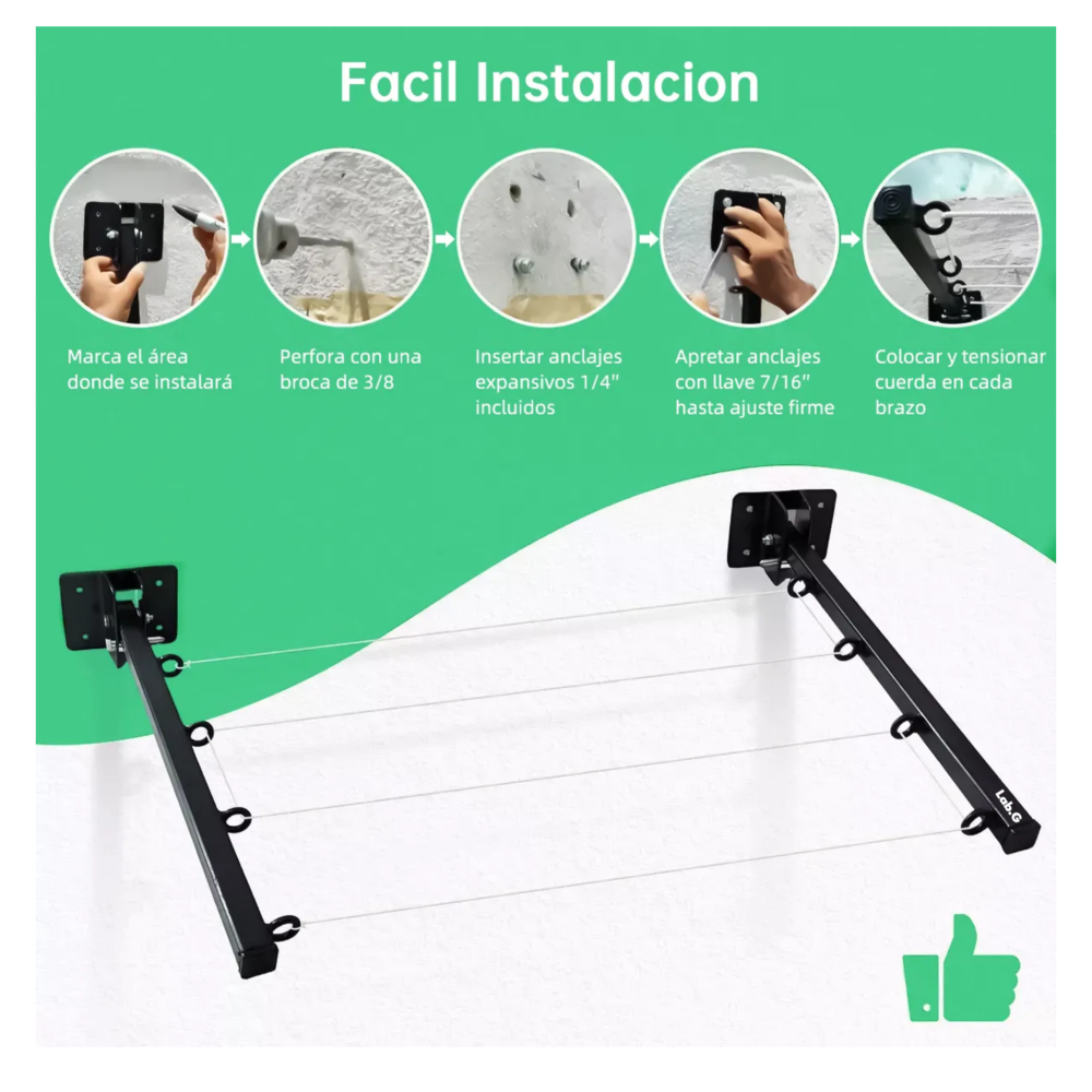 Foto 4 pulgar | Tendedero Retráctil Plegable Moderno De Pared Exterior 400 Cm X 50 Cm X 10 Cm Lab.g  Negro