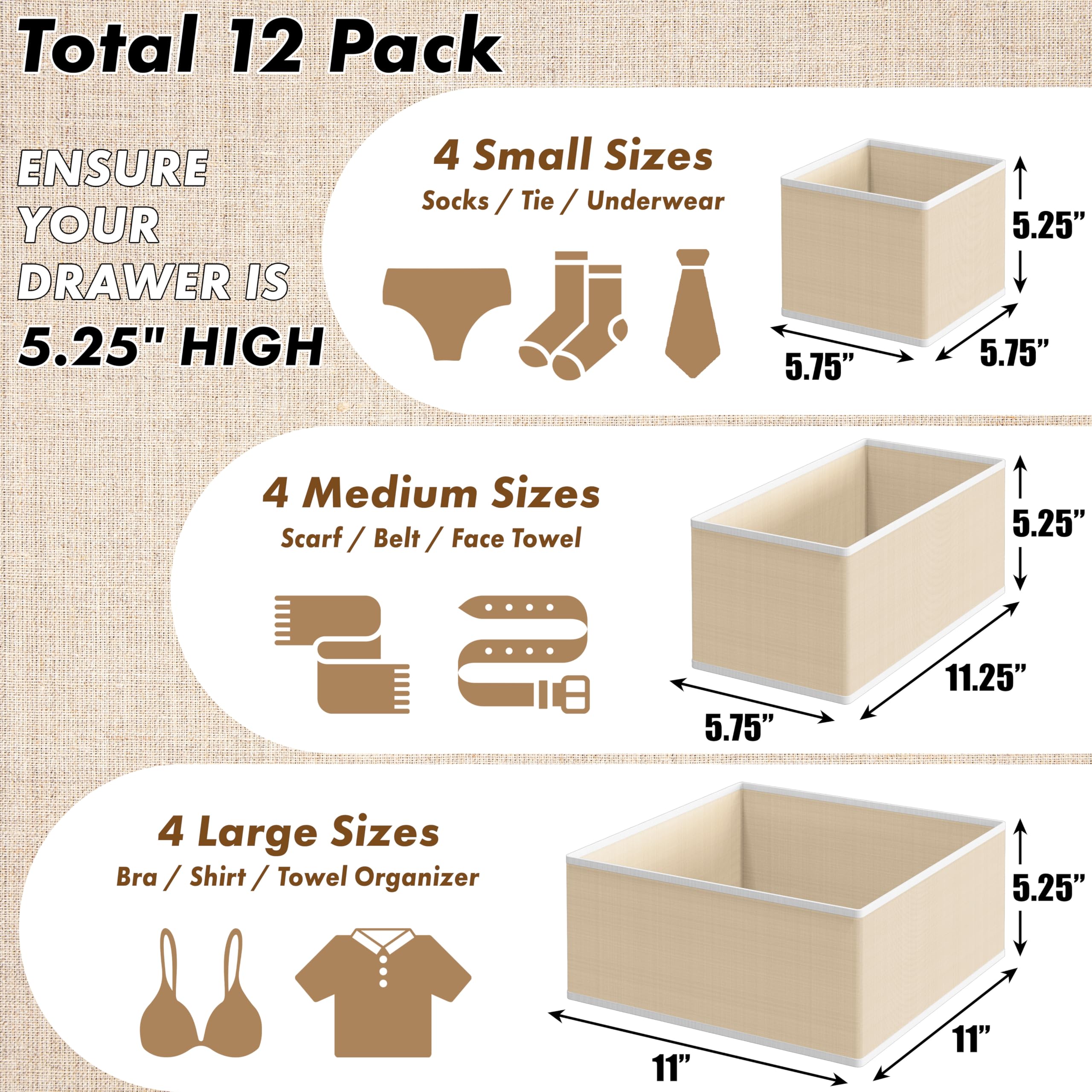 Foto 3 pulgar | Set Organizador De Cajones Simple Houseware  Plegable  12 Unidades  Color Beige - Venta Internacional.