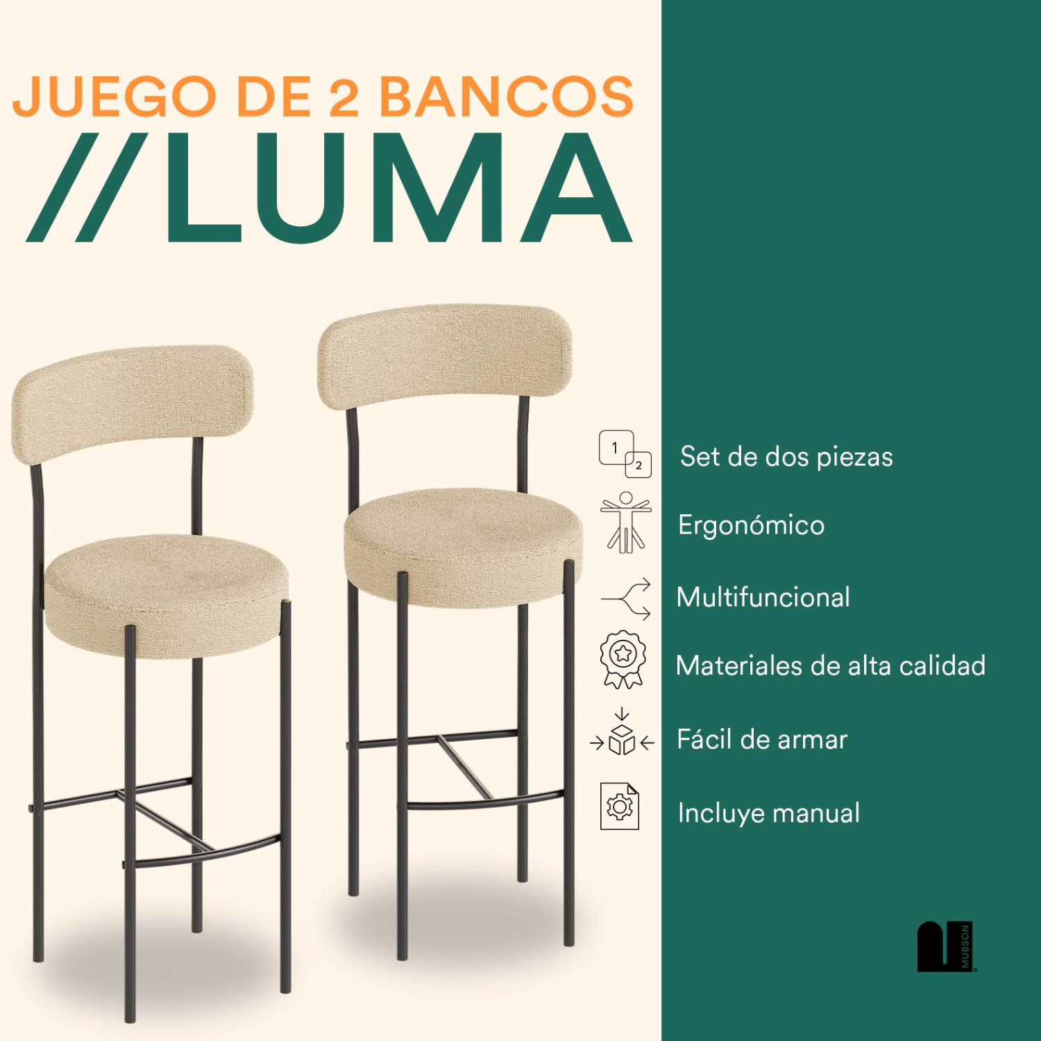 Foto 3 pulgar | Set De 2 Bancos Mubson. Sillas Altas Luma