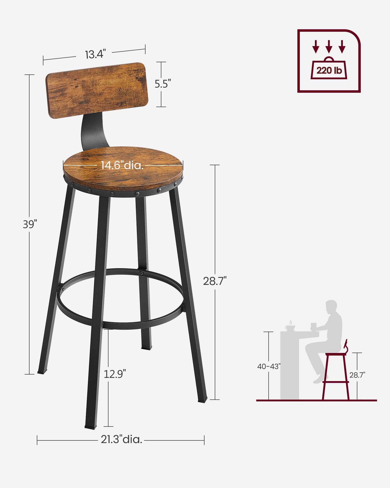 Foto 7 | Taburetes De Bar Vasagle, Taburetes De Bar Altos Con Respaldo, Juego De 2