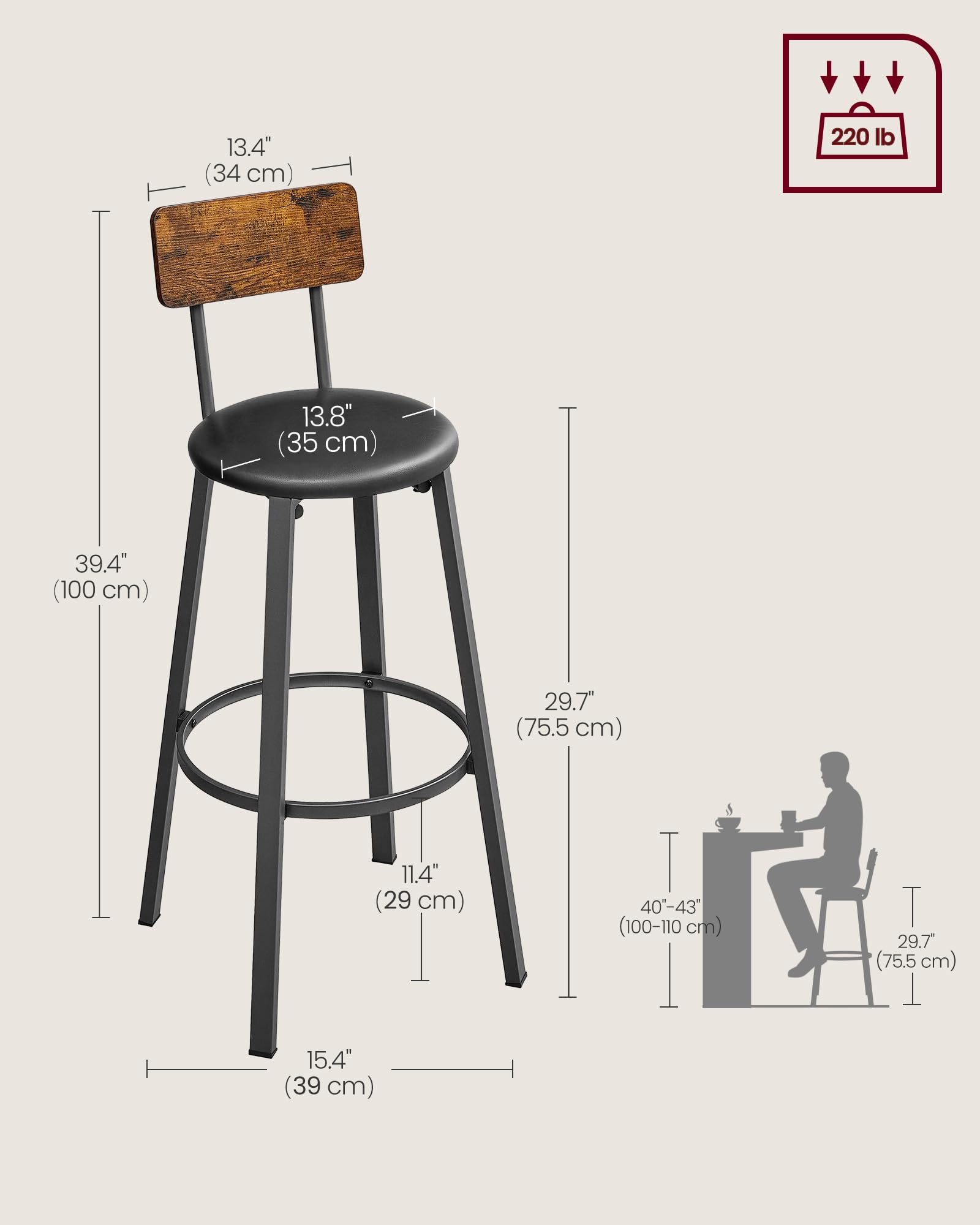 Foto 4 pulgar | Juego De 2 Taburetes De Bar Vasagle Tapizados En Poliuretano De 75 Cm Con Respaldo