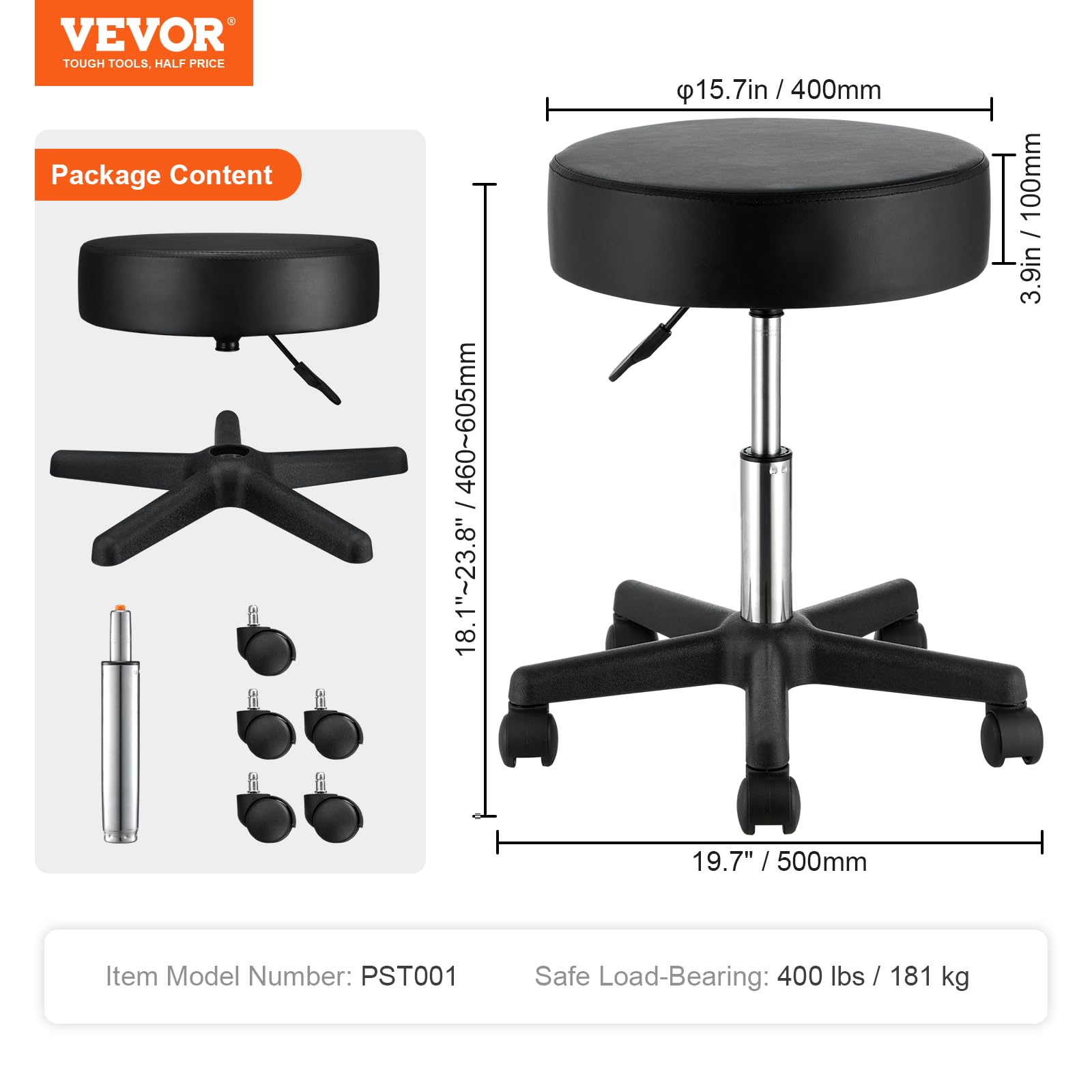 Foto 8 pulgar | Taburete Rodante Vevor, Altura Regulable, 400 Kg De Capacidad, Color Negro - Venta Internacional.