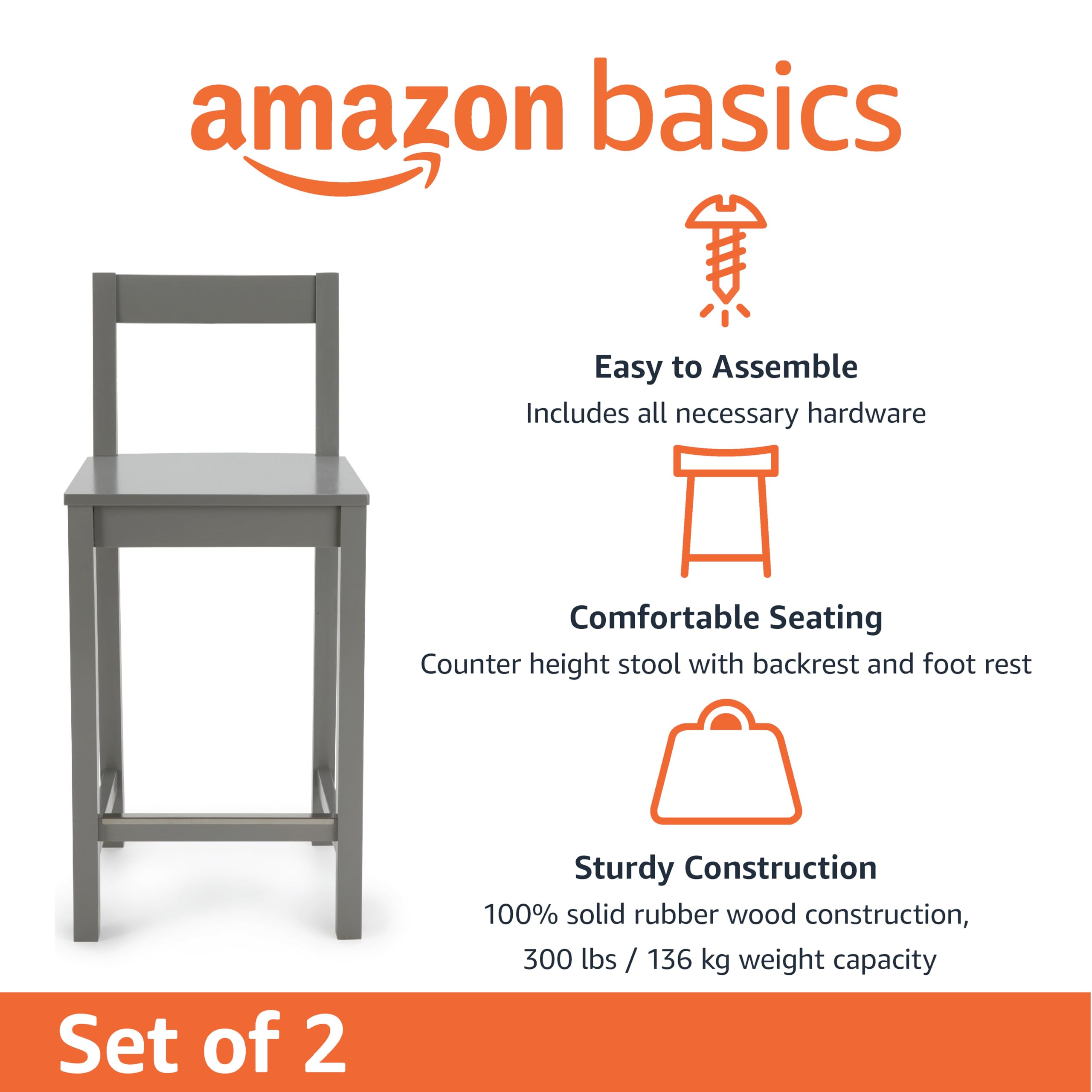 Foto 2 | Taburete De Bar Amazon Basics De Madera Con Respaldo Gris, Juego De 2 - Venta Internacional.