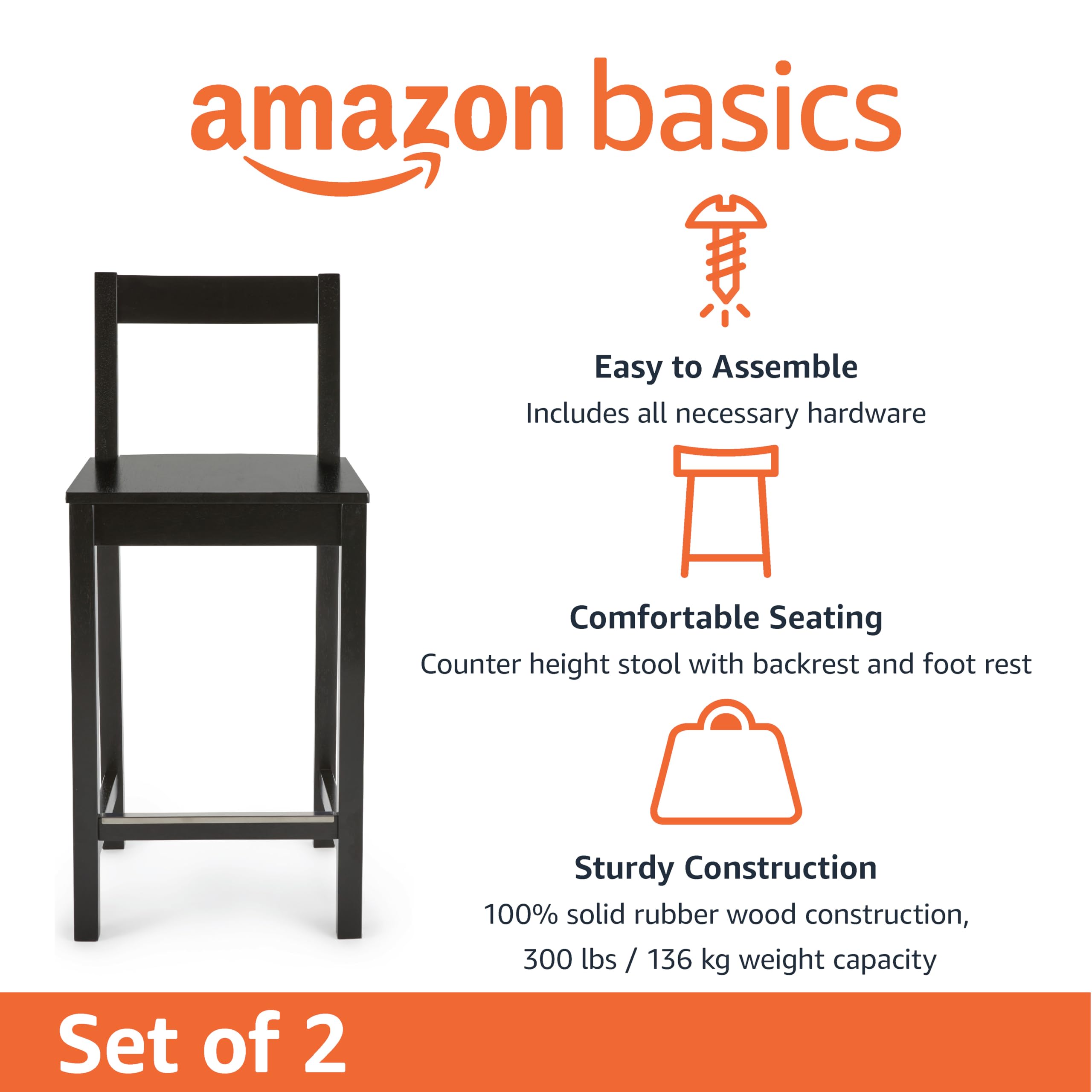 Foto 2 | Taburete De Bar Amazon Basics De Madera Con Respaldo Negro, Juego De 2 - Venta Internacional.