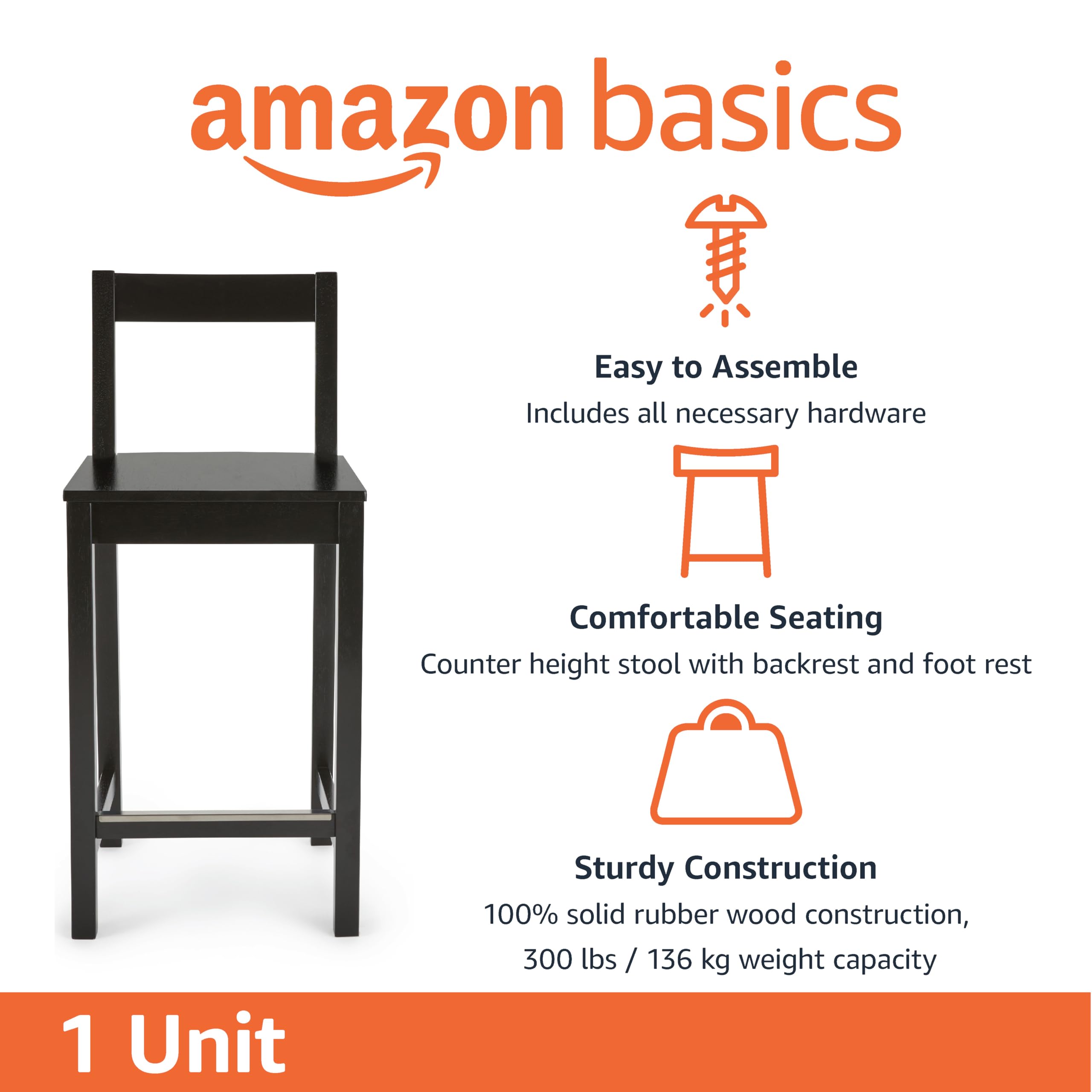 Foto 3 | Taburete De Bar Amazon Basics De Madera Con Respaldo Negro - Venta Internacional.