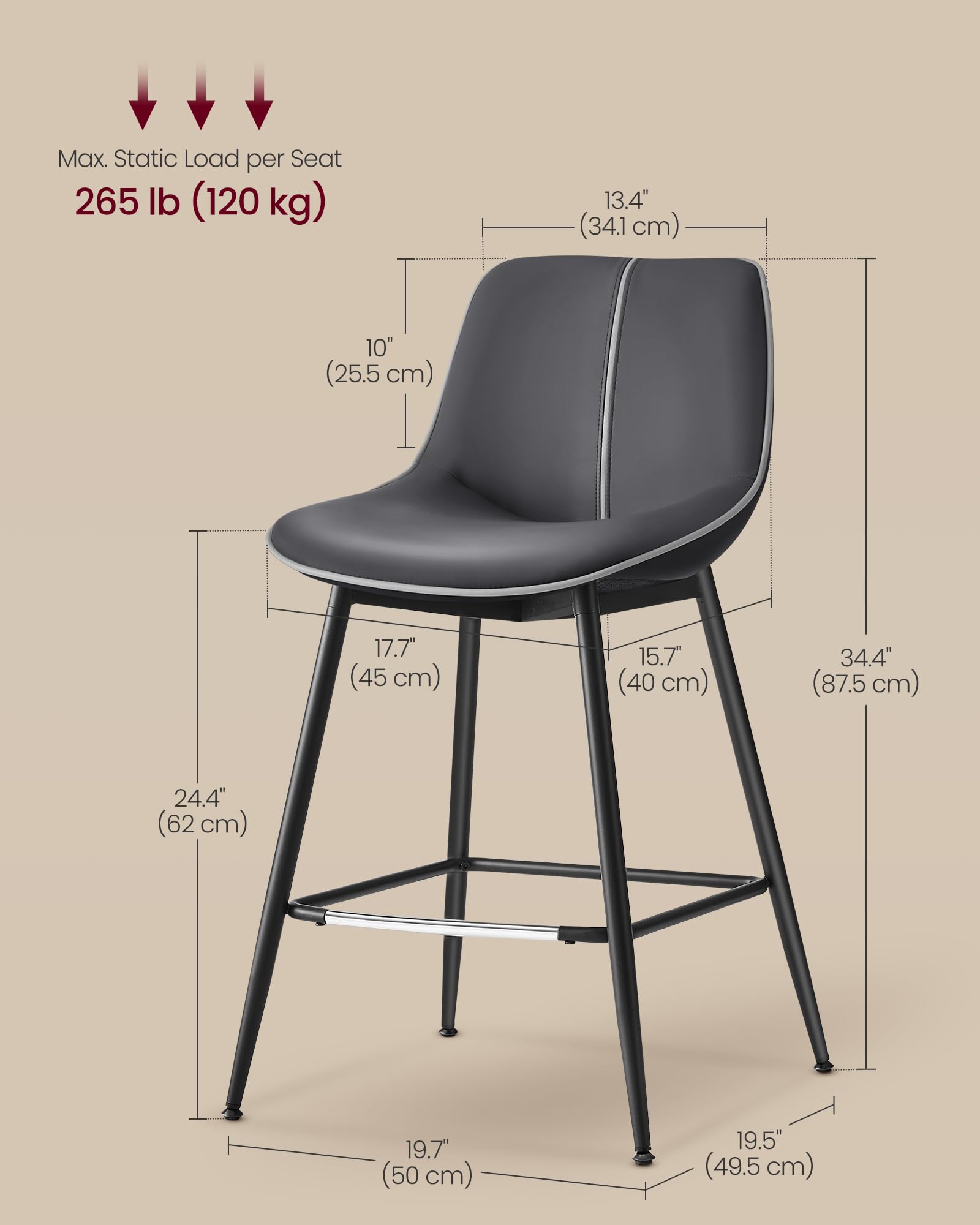 Foto 7 pulgar | Taburetes De Bar Vasagle Con Altura De Mostrador Y Respaldo De Piel Sintética - Venta Internacional.