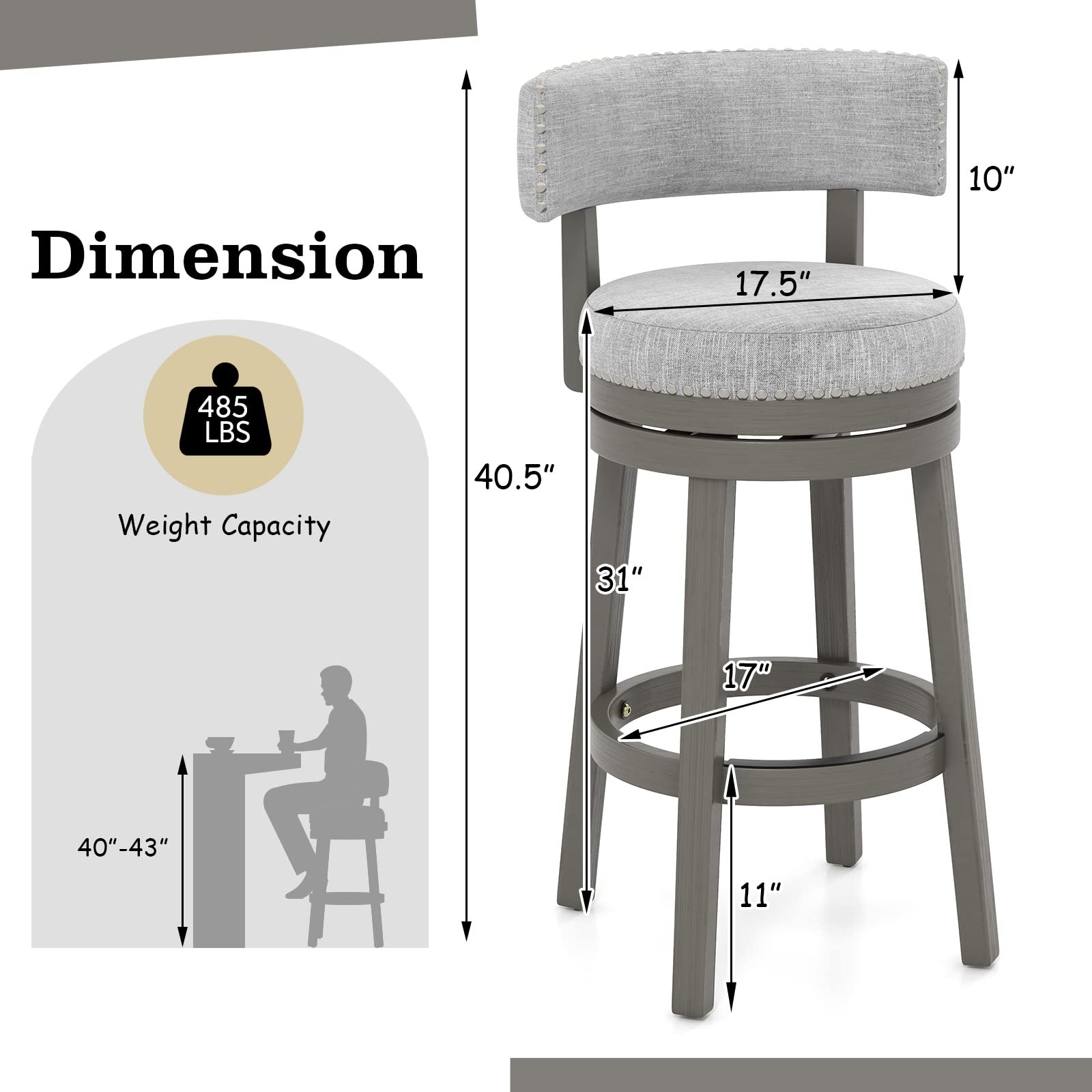 Foto 6 | Taburetes De Bar Costway, Juego De 2 Taburetes De Bar Giratorios De 31 Pulgadas, Color Gris - Venta Internacional.