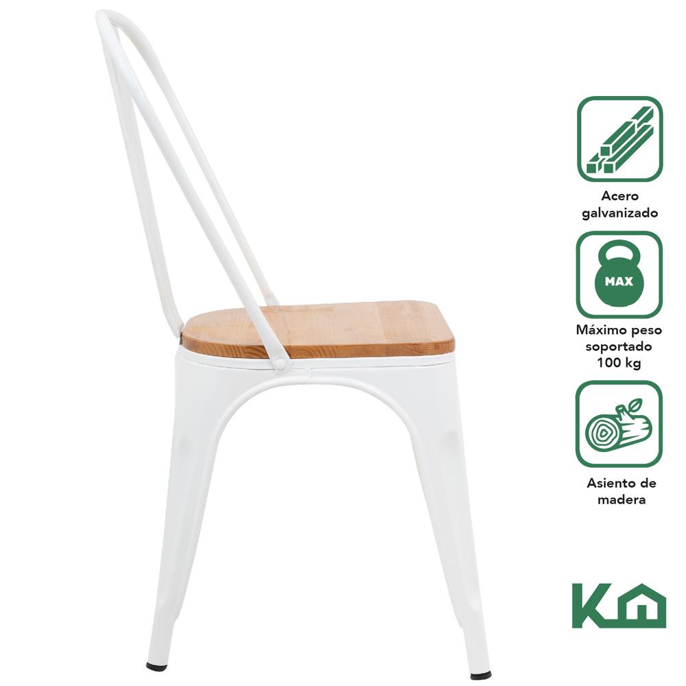 Foto 3 pulgar | Set de Sillas Metálicas Tolix con Asiento de Madera KingsHouse COMBO-KH-129 Blanco 4 Piezas