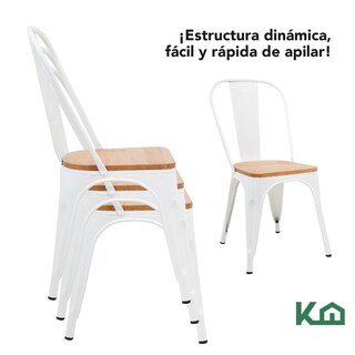 Foto 4 | Set de Sillas Metálicas Tolix con Asiento de Madera KingsHouse COMBO-KH-129 Blanco 4 Piezas