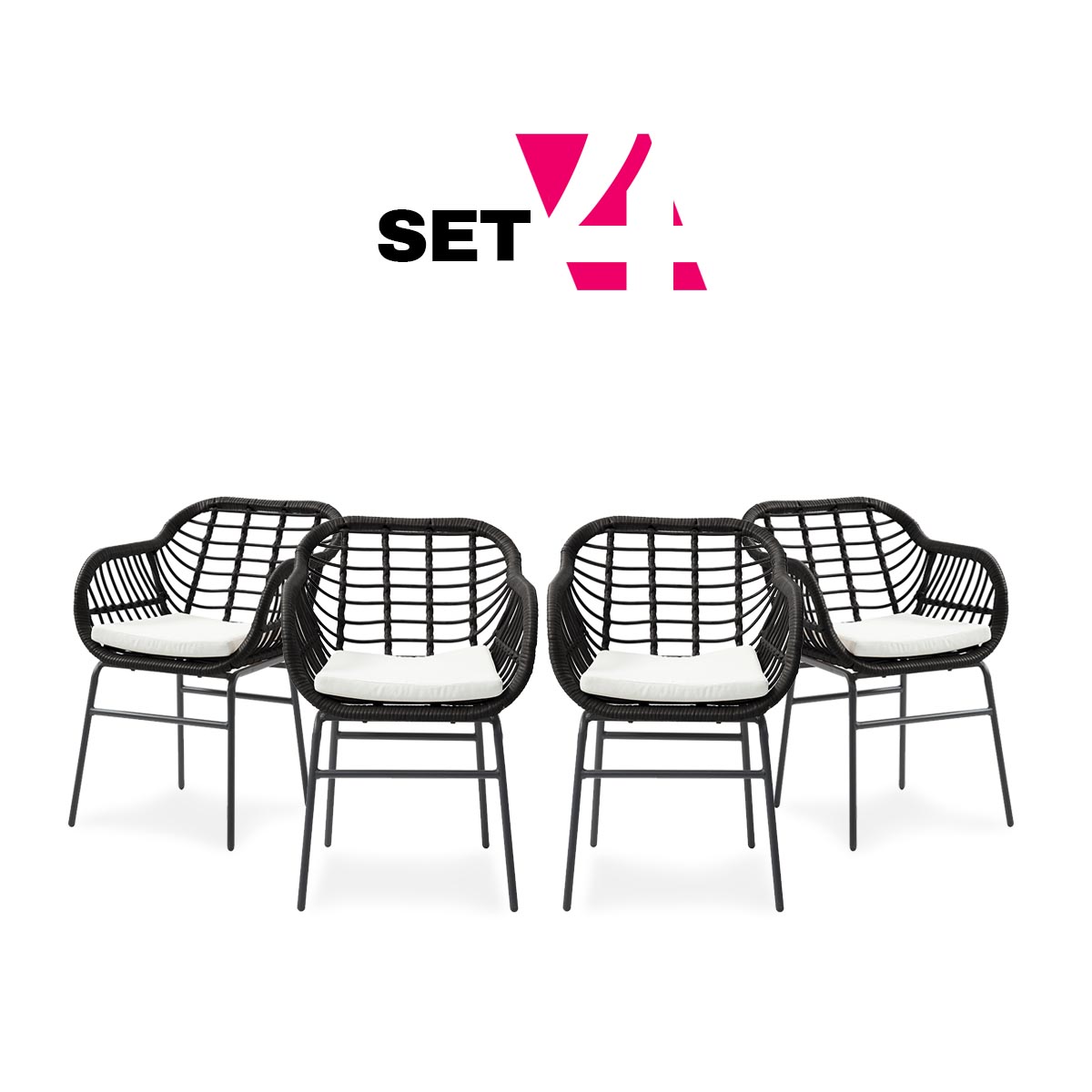 Set De 4 Sillas Para Exterior Color Negro Con Asiento Acolchado Impermeable De Hule Espuma