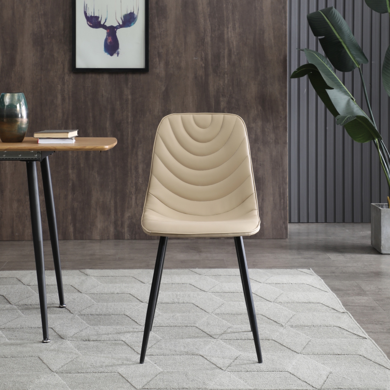 Foto 7 pulgar | Silla De Comedor Con Asiento De Cuero Sintético Beige Con Base De Metal Y Patas Negras