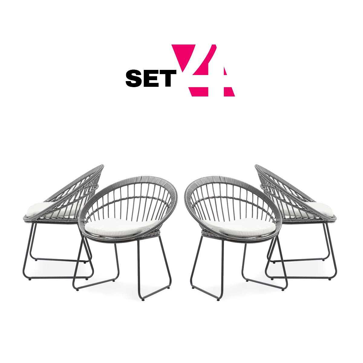 Set De 4 Sillas Para Exterior Color Gris Con Asiento Acolchado Impermeable Y Estructura De Acero Y Ratán Sintético